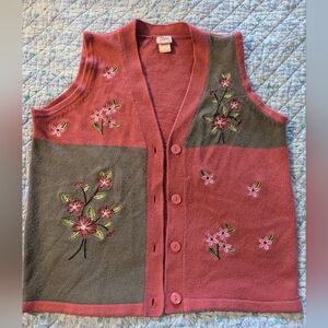 Adrian Delafield Sweater Vest Women Size Large Embroidered Floral Mauve Cottage